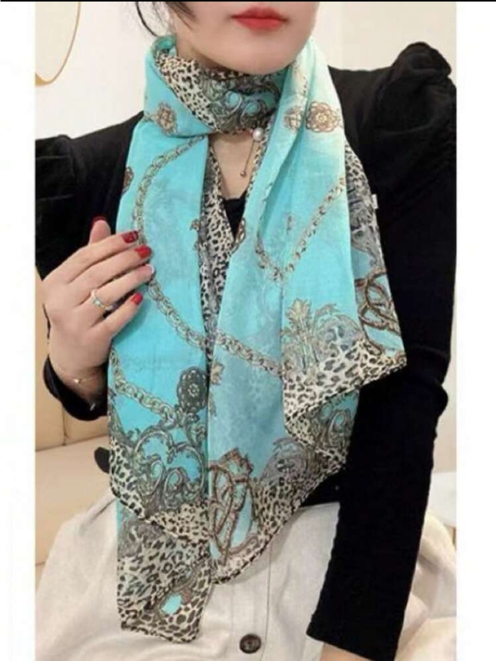 Turquoise Leopard Chain Print Women's Scarf